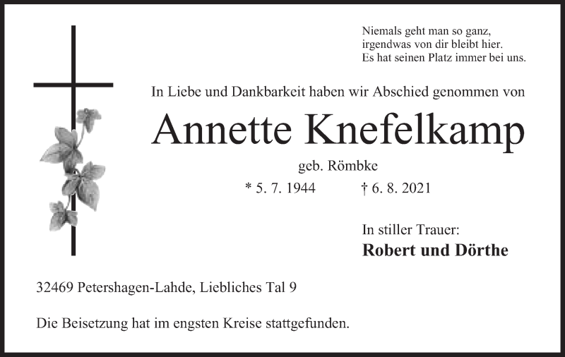  Traueranzeige für Annette Knefelkamp vom 14.08.2021 aus Mindener Tageblatt