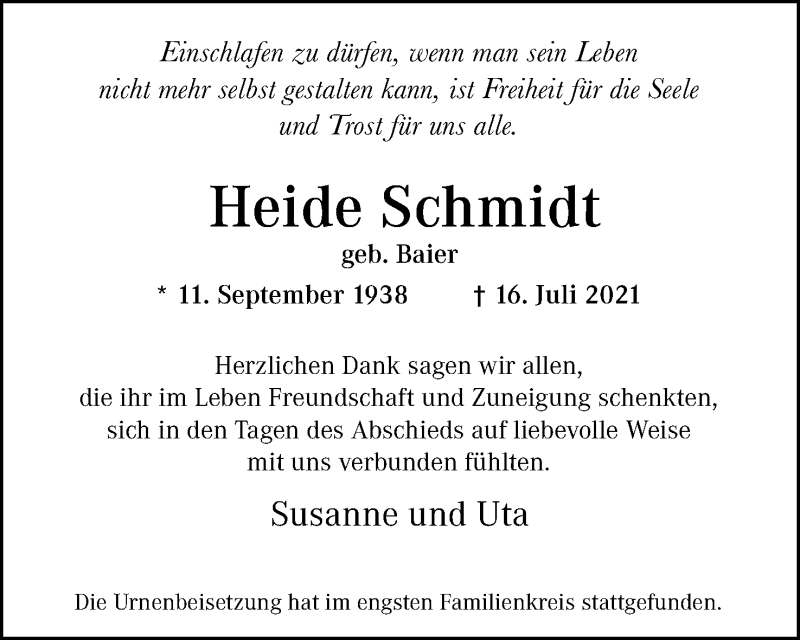  Traueranzeige für Heide Schmidt vom 07.08.2021 aus Mindener Tageblatt