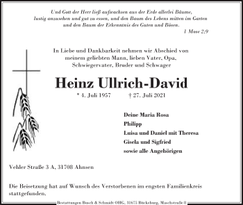 Anzeige von Heinz Ullrich-David von Mindener Tageblatt