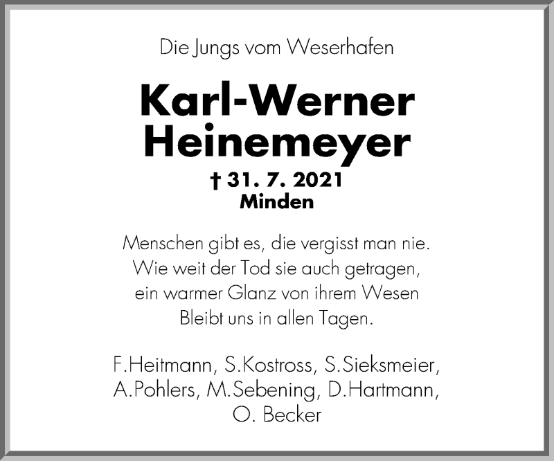  Traueranzeige für Karl-Werner Heinemeyer vom 07.08.2021 aus Mindener Tageblatt