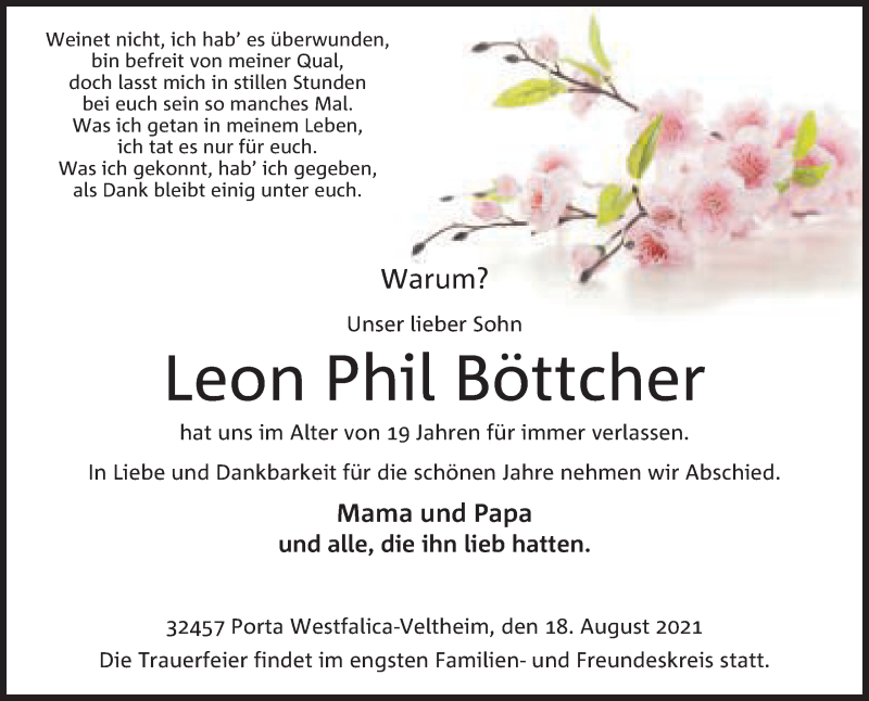  Traueranzeige für Leon Phil Böttcher vom 21.08.2021 aus Mindener Tageblatt