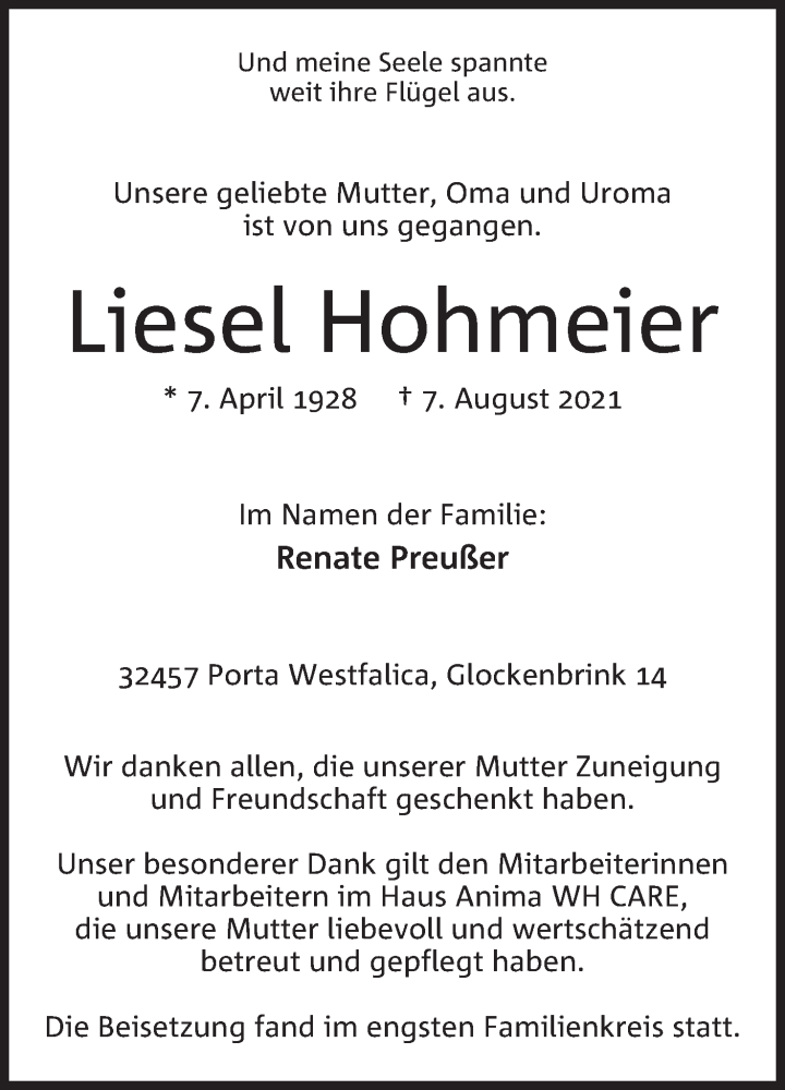  Traueranzeige für Liesel Hohmeier vom 14.08.2021 aus Mindener Tageblatt