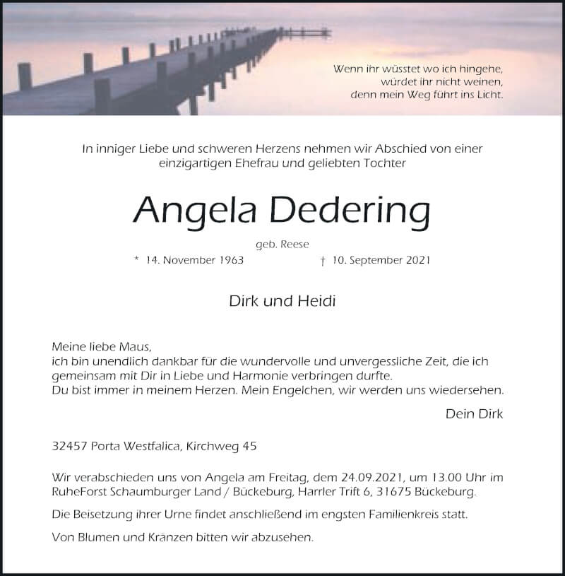  Traueranzeige für Angela Dedering vom 18.09.2021 aus Mindener Tageblatt