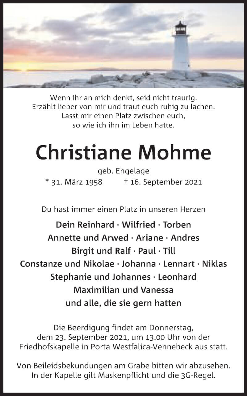  Traueranzeige für Christiane Mohme vom 18.09.2021 aus Mindener Tageblatt