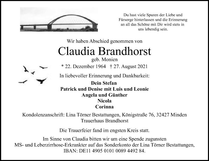  Traueranzeige für Claudia Brandhorst vom 11.09.2021 aus Mindener Tageblatt