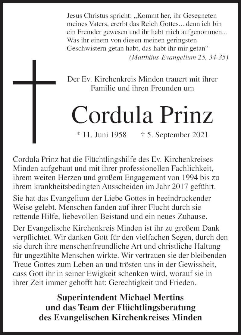  Traueranzeige für Cordula Prinz vom 17.09.2021 aus Mindener Tageblatt