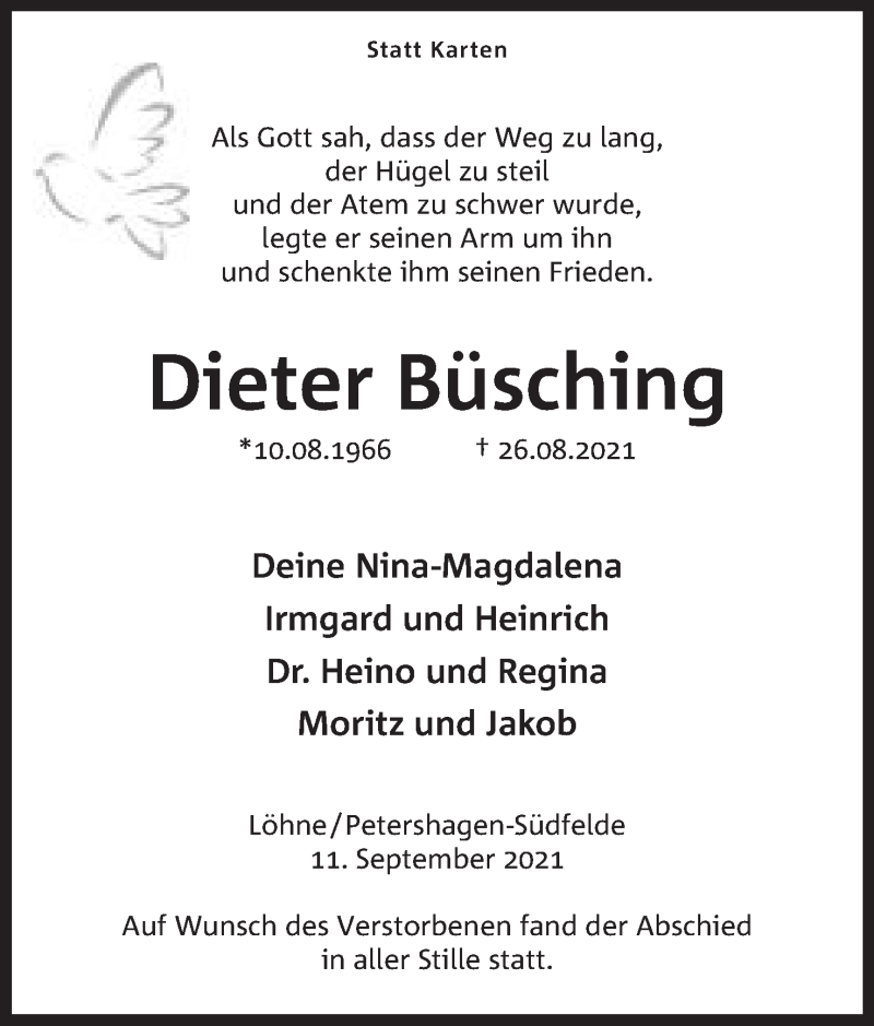  Traueranzeige für Dieter Büsching vom 11.09.2021 aus Mindener Tageblatt