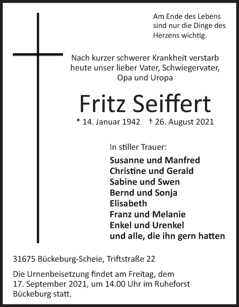  Traueranzeige für Fritz Seiffert vom 11.09.2021 aus Mindener Tageblatt