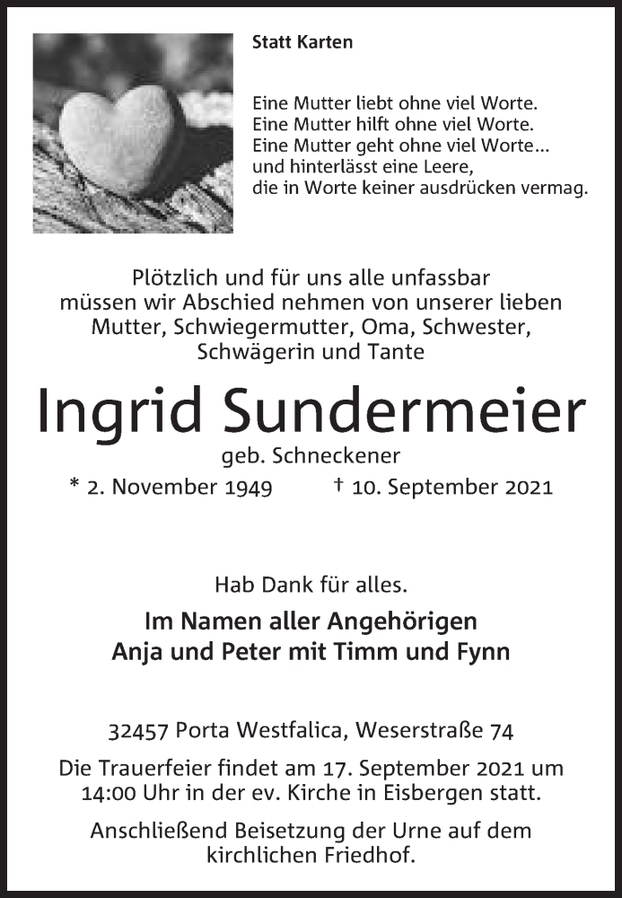  Traueranzeige für Ingrid Sundermeier vom 14.09.2021 aus Mindener Tageblatt