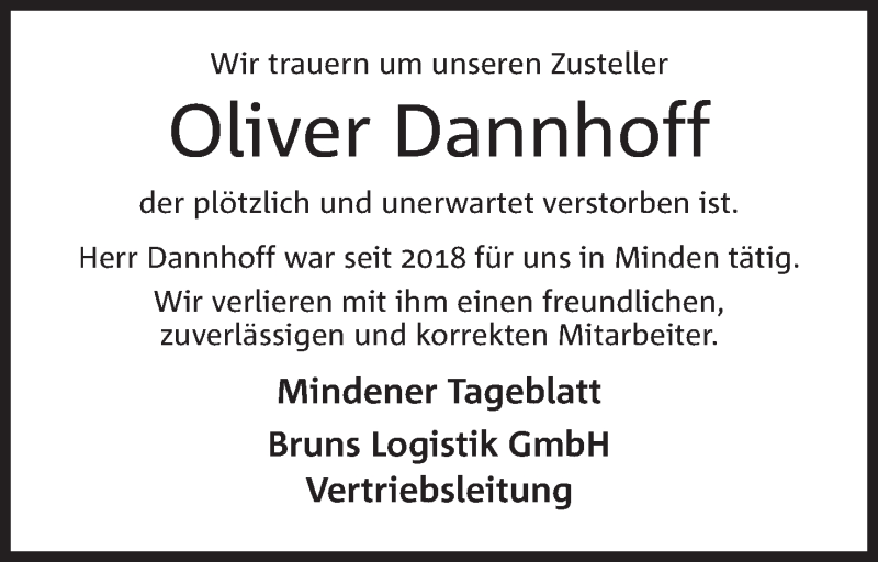  Traueranzeige für Oliver Dannhoff vom 11.09.2021 aus Mindener Tageblatt