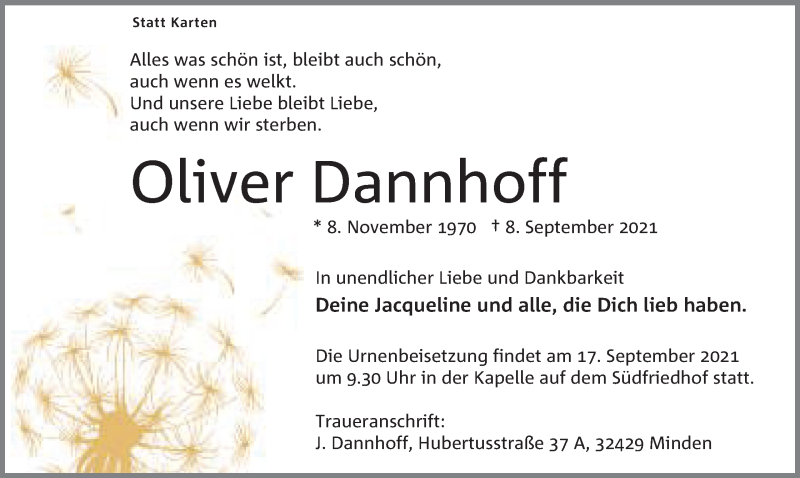  Traueranzeige für Oliver Dannhoff vom 11.09.2021 aus Mindener Tageblatt