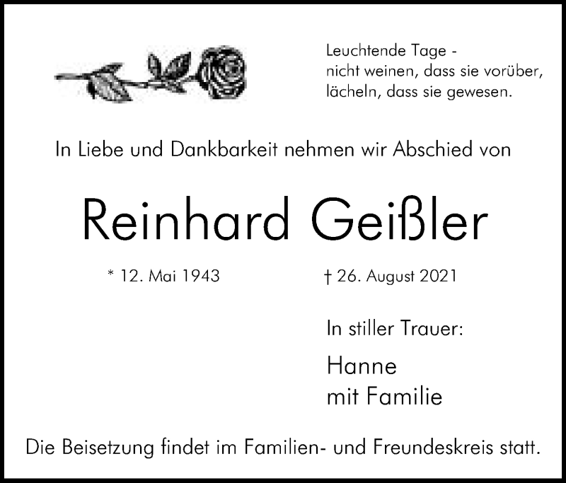  Traueranzeige für Reinhard Geißler vom 04.09.2021 aus Mindener Tageblatt