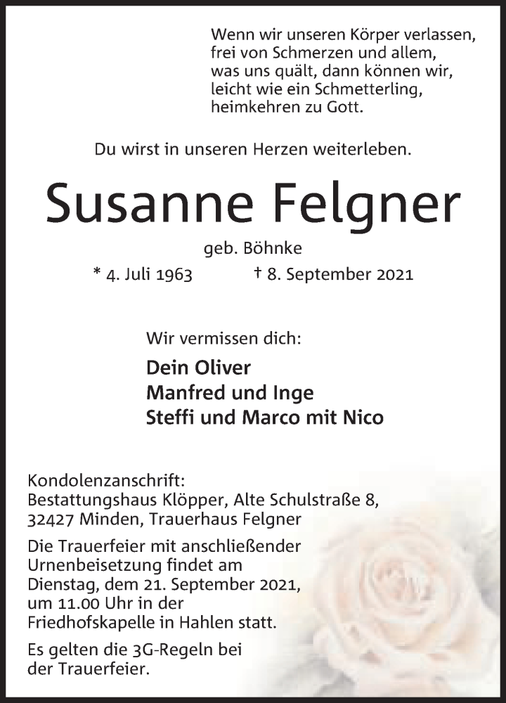  Traueranzeige für Susanne Felgner vom 16.09.2021 aus Mindener Tageblatt