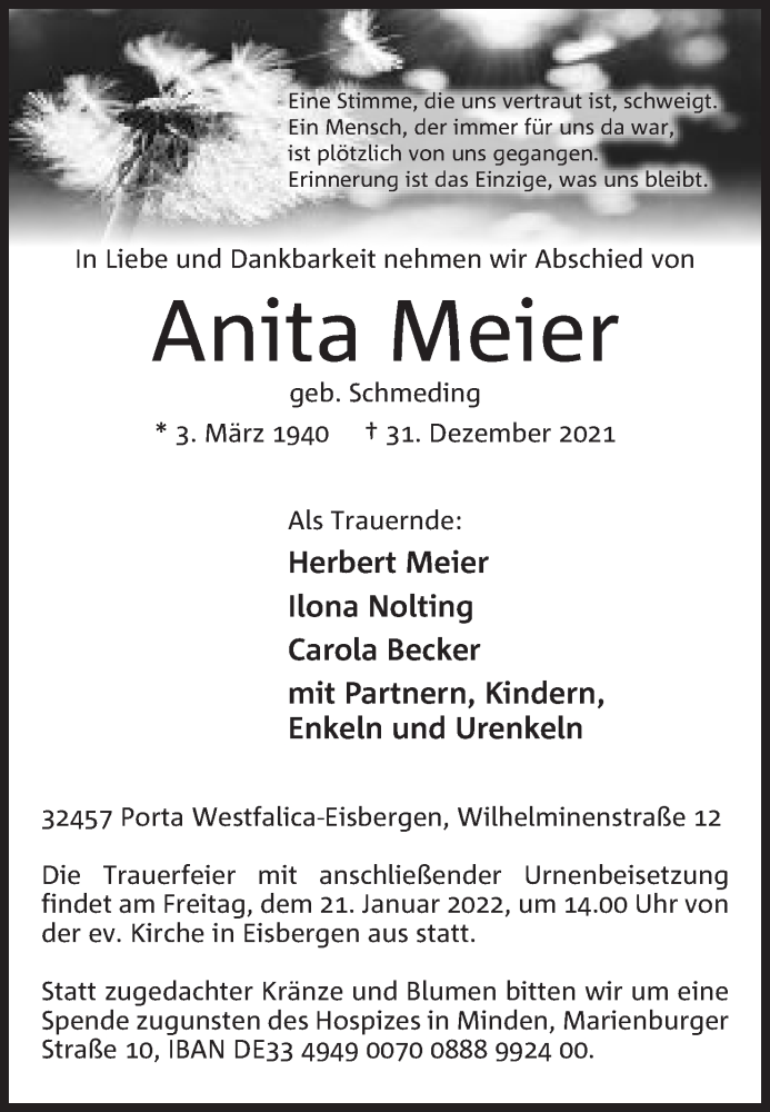  Traueranzeige für Anita Meier vom 14.01.2022 aus Mindener Tageblatt