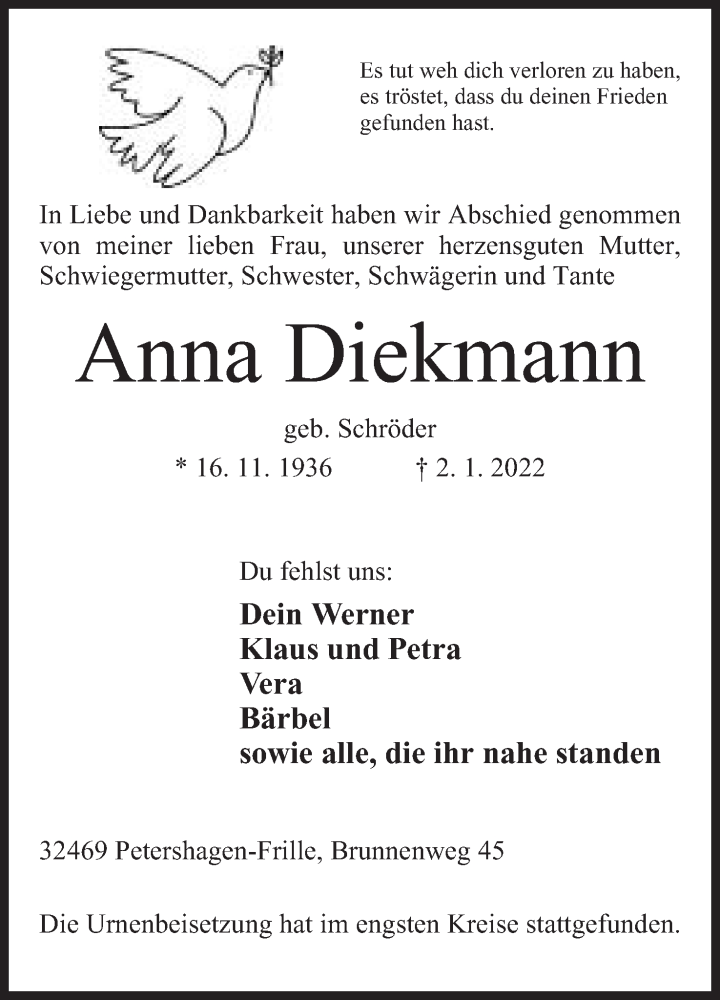  Traueranzeige für Anna Diekmann vom 15.01.2022 aus Mindener Tageblatt