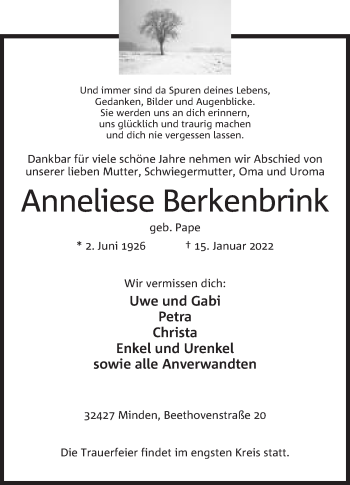 Anzeige von Anneliese Berkenbrink von Mindener Tageblatt