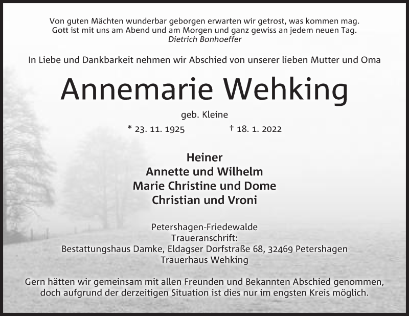  Traueranzeige für Annemarie Wehking vom 22.01.2022 aus Mindener Tageblatt