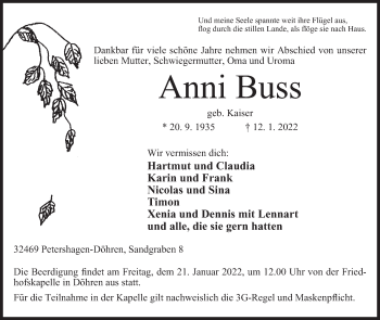 Anzeige von Anni Buss von Mindener Tageblatt