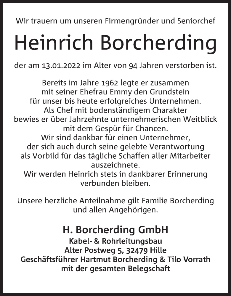  Traueranzeige für Heinrich Borcherding vom 18.01.2022 aus 