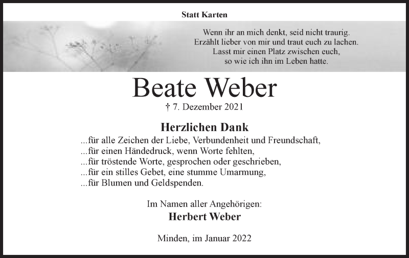  Traueranzeige für Beate Weber vom 15.01.2022 aus Mindener Tageblatt