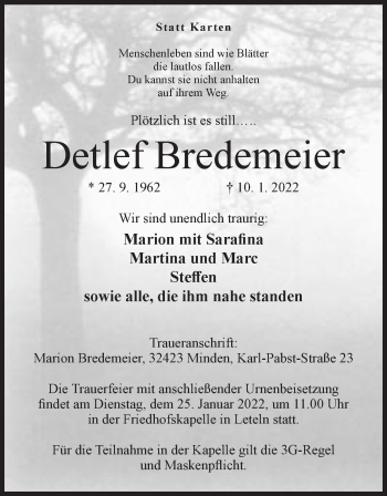 Anzeige von Detlef Bredemeier von Mindener Tageblatt