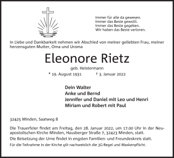 Anzeige von Eleonore Rietz von Mindener Tageblatt
