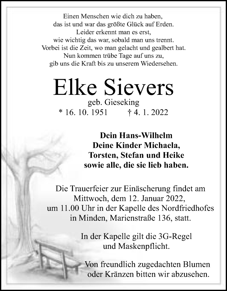  Traueranzeige für Elke Sievers vom 08.01.2022 aus Mindener Tageblatt