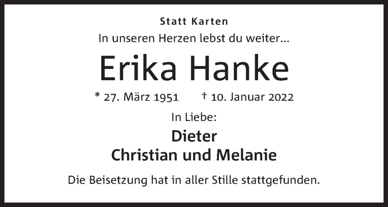  Traueranzeige für Erika Hanke vom 22.01.2022 aus Mindener Tageblatt