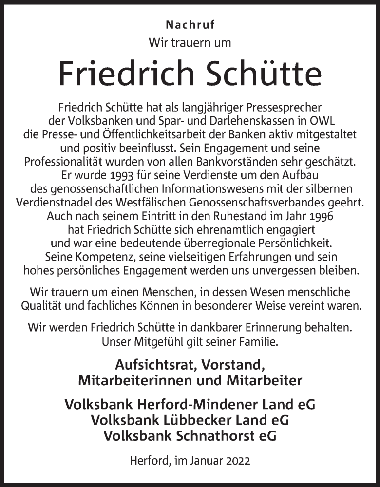  Traueranzeige für Friedrich Schütte vom 22.01.2022 aus Mindener Tageblatt