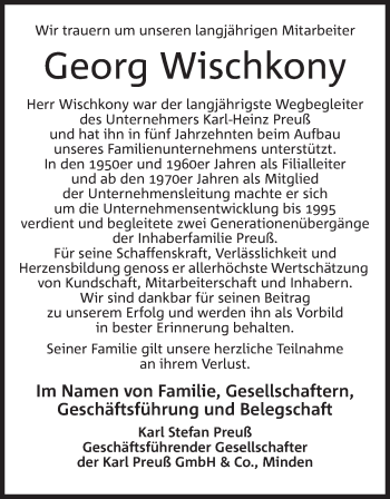 Anzeige von Georg Wischkony von Mindener Tageblatt
