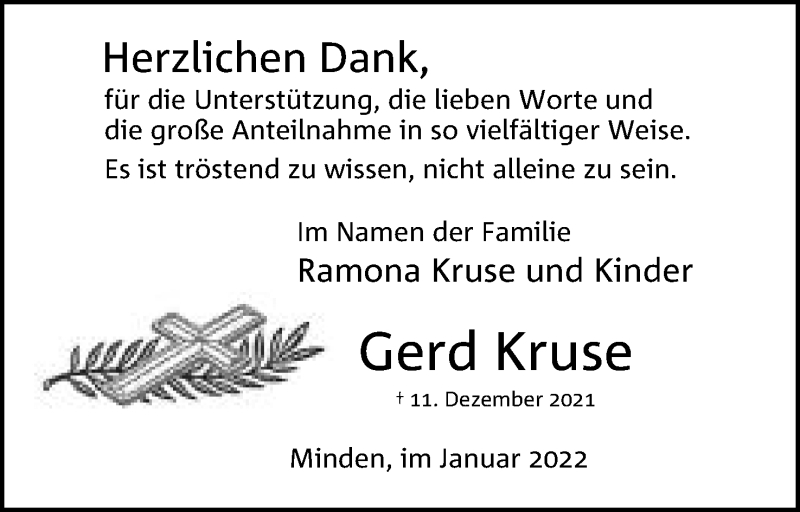  Traueranzeige für Gerd Kruse vom 08.01.2022 aus Mindener Tageblatt
