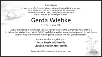 Anzeige von Gerda Wiebke von Mindener Tageblatt