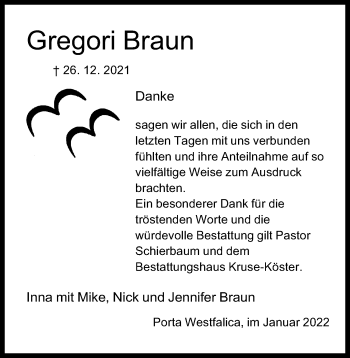 Anzeige von Gregori Braun von Mindener Tageblatt
