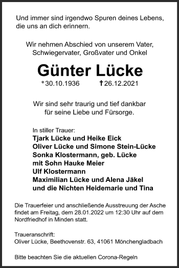 Anzeige von Günter Lücke von Mindener Tageblatt