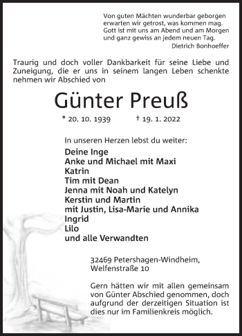 Anzeige von Günter Preuß von Mindener Tageblatt