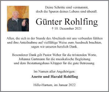 Anzeige von Günter Rohlfing von Mindener Tageblatt