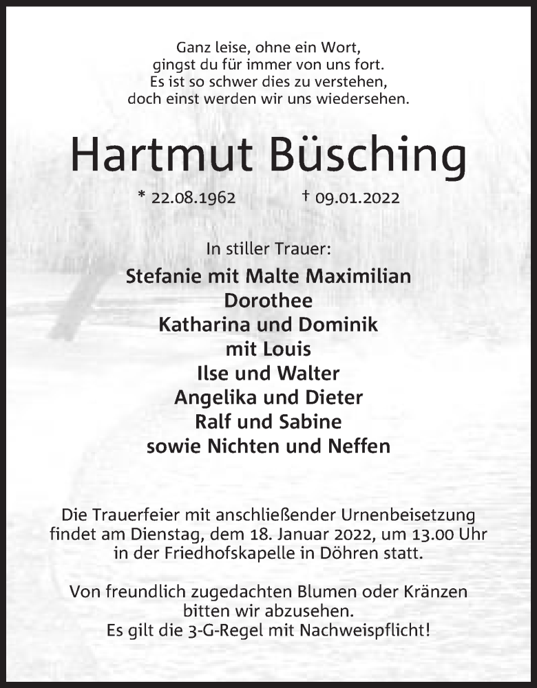  Traueranzeige für Hartmut Büsching vom 15.01.2022 aus Mindener Tageblatt