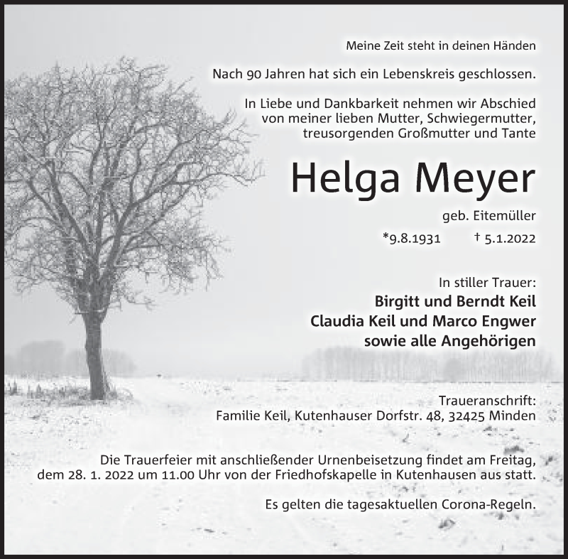  Traueranzeige für Helga Meyer vom 12.01.2022 aus Mindener Tageblatt