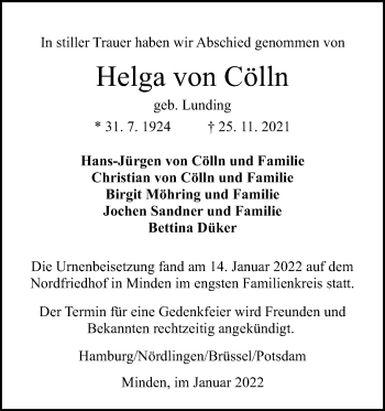 Anzeige von Helga von Cölln von Mindener Tageblatt