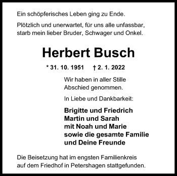 Anzeige von Herbert Busch von Mindener Tageblatt