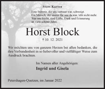 Anzeige von Horst Block von Mindener Tageblatt