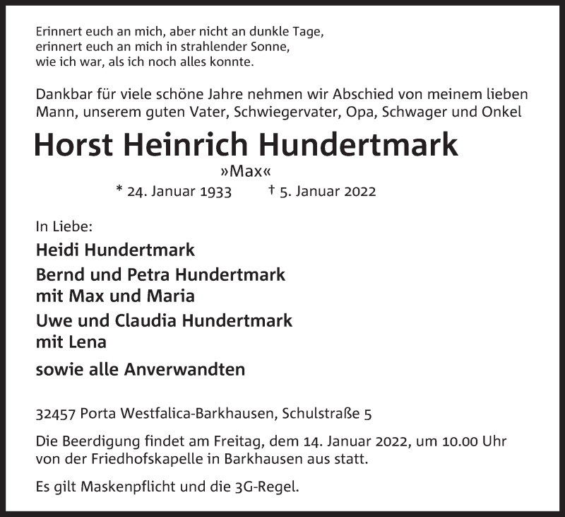  Traueranzeige für Horst Heinrich Hundertmark vom 08.01.2022 aus Mindener Tageblatt
