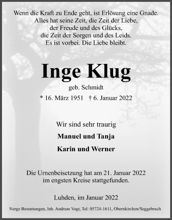 Anzeige von Inge Klug von Mindener Tageblatt