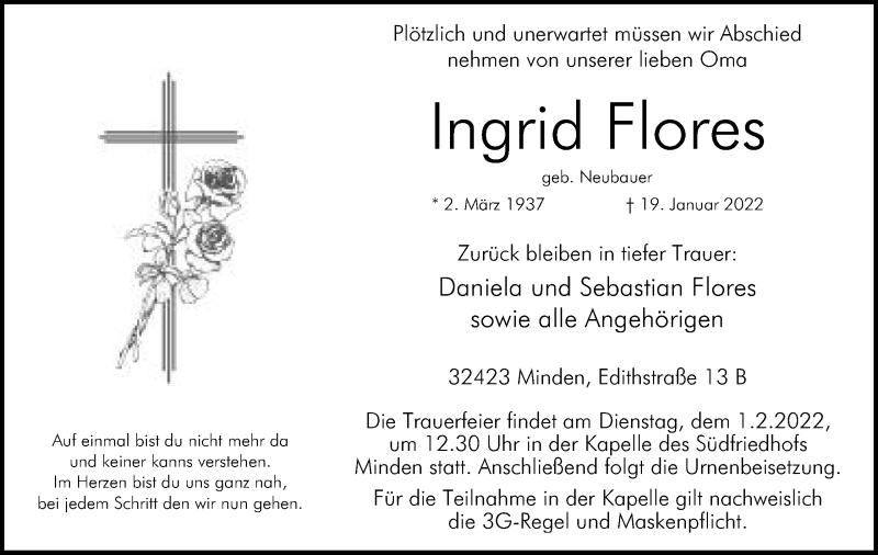 Traueranzeige für Ingrid Flores vom 22.01.2022 aus Mindener Tageblatt
