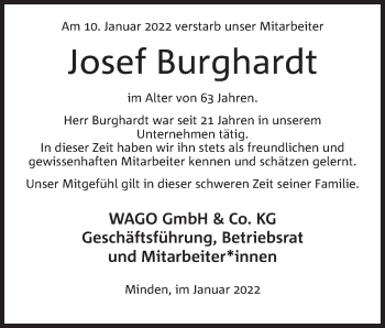 Anzeige von Josef Burghardt von Mindener Tageblatt