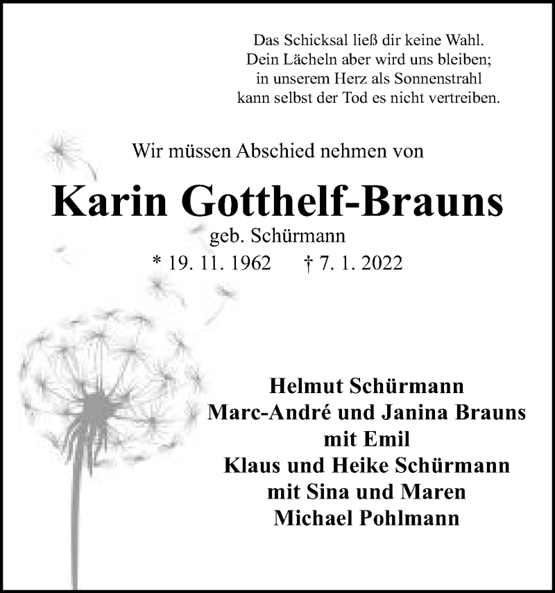  Traueranzeige für Karin Gotthelf-Brauns vom 15.01.2022 aus Mindener Tageblatt