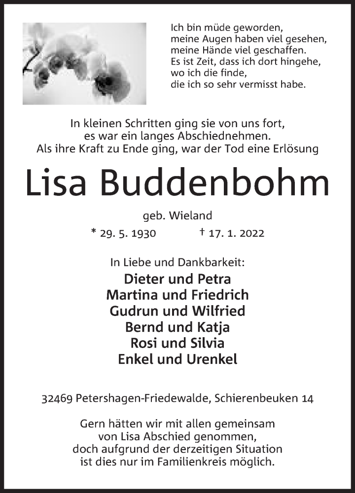  Traueranzeige für Lisa Buddenbohm vom 22.01.2022 aus Mindener Tageblatt