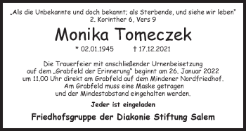 Anzeige von Monika Tomeczek von Mindener Tageblatt
