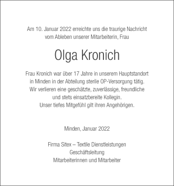 Anzeige von Olga Kronich von Mindener Tageblatt
