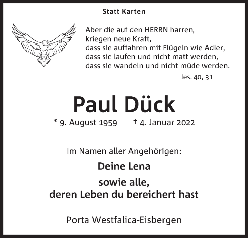  Traueranzeige für Paul Dück vom 08.01.2022 aus Mindener Tageblatt